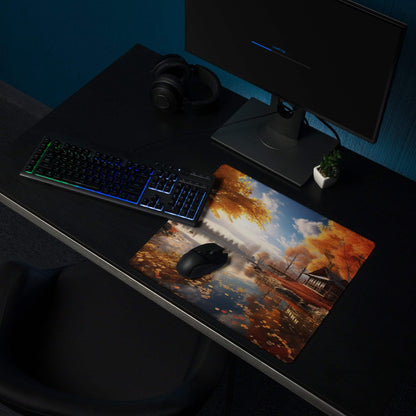 Autumn Lakeside gaming mousepad with falling leaves landscape