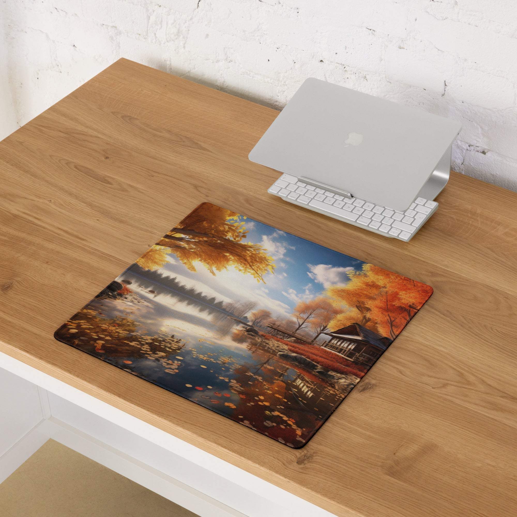 Autumn lakeside gaming mouse pad with golden trees, lake, cabin, edge stitching