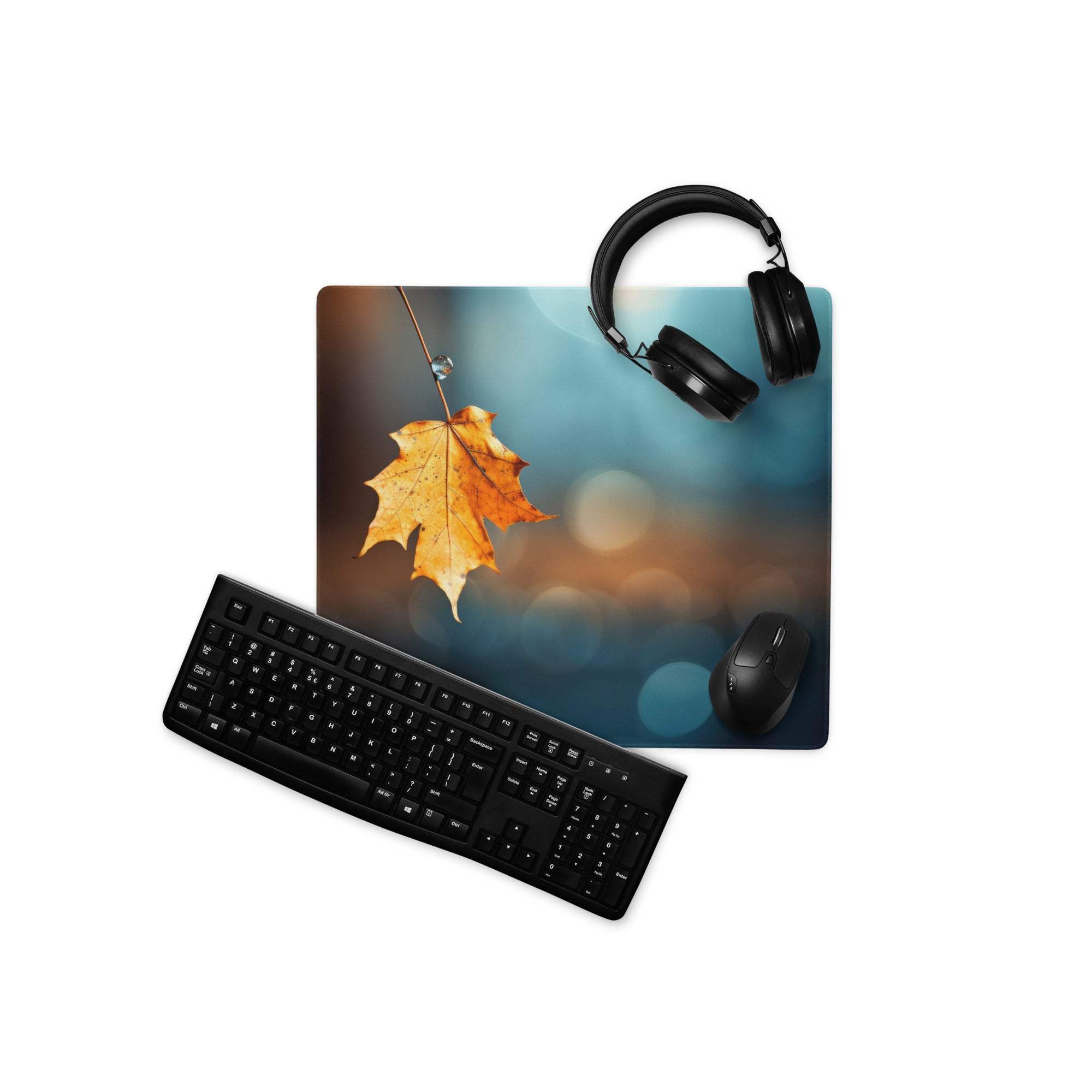 Autumn leaf gaming mouse pad with orange maple, non-slip base, stitched edges