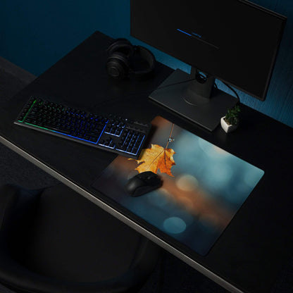 Autumn leaf gaming mouse pad with warm colors, non-slip base, stitched edges