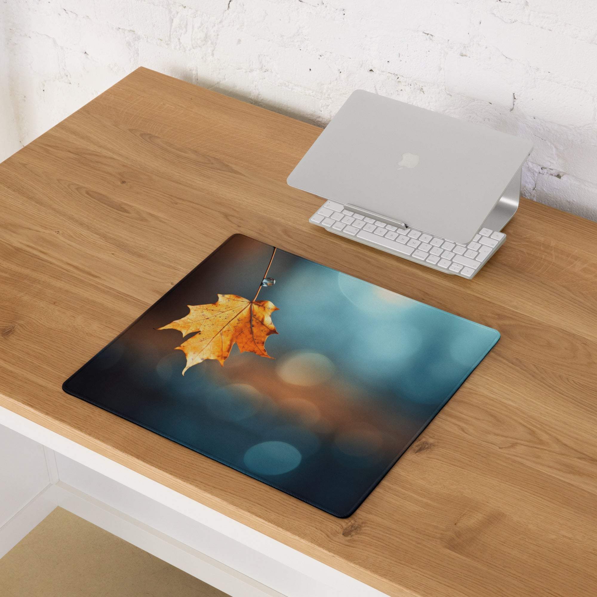Autumn leaf gaming mouse pad with warm orange yellow tones on desk