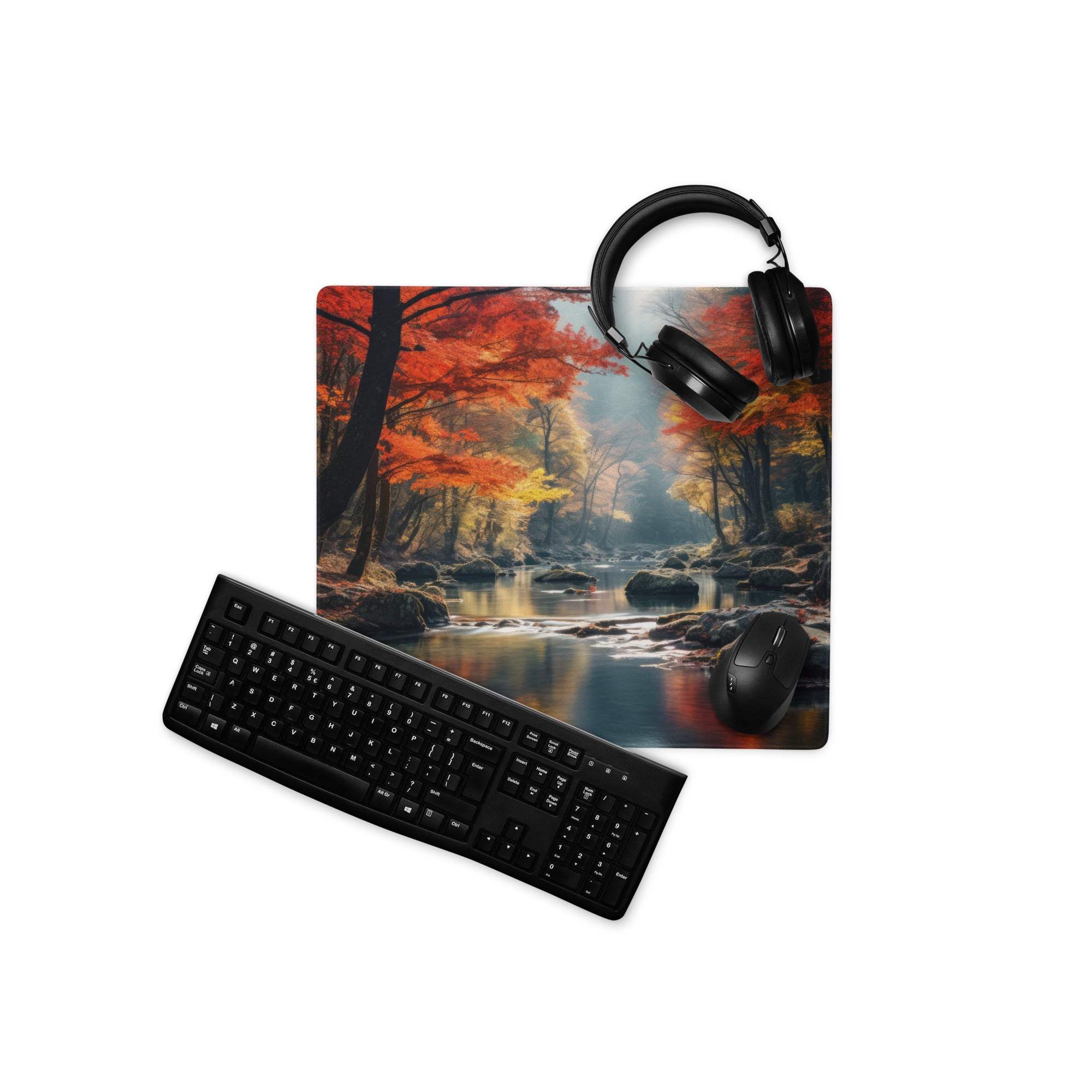 Black keyboard and mouse on immersive autumn forest gaming mousepad