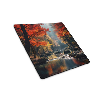 Immersive Autumn Forest gaming mouse pad with fiery red golden trees and stream