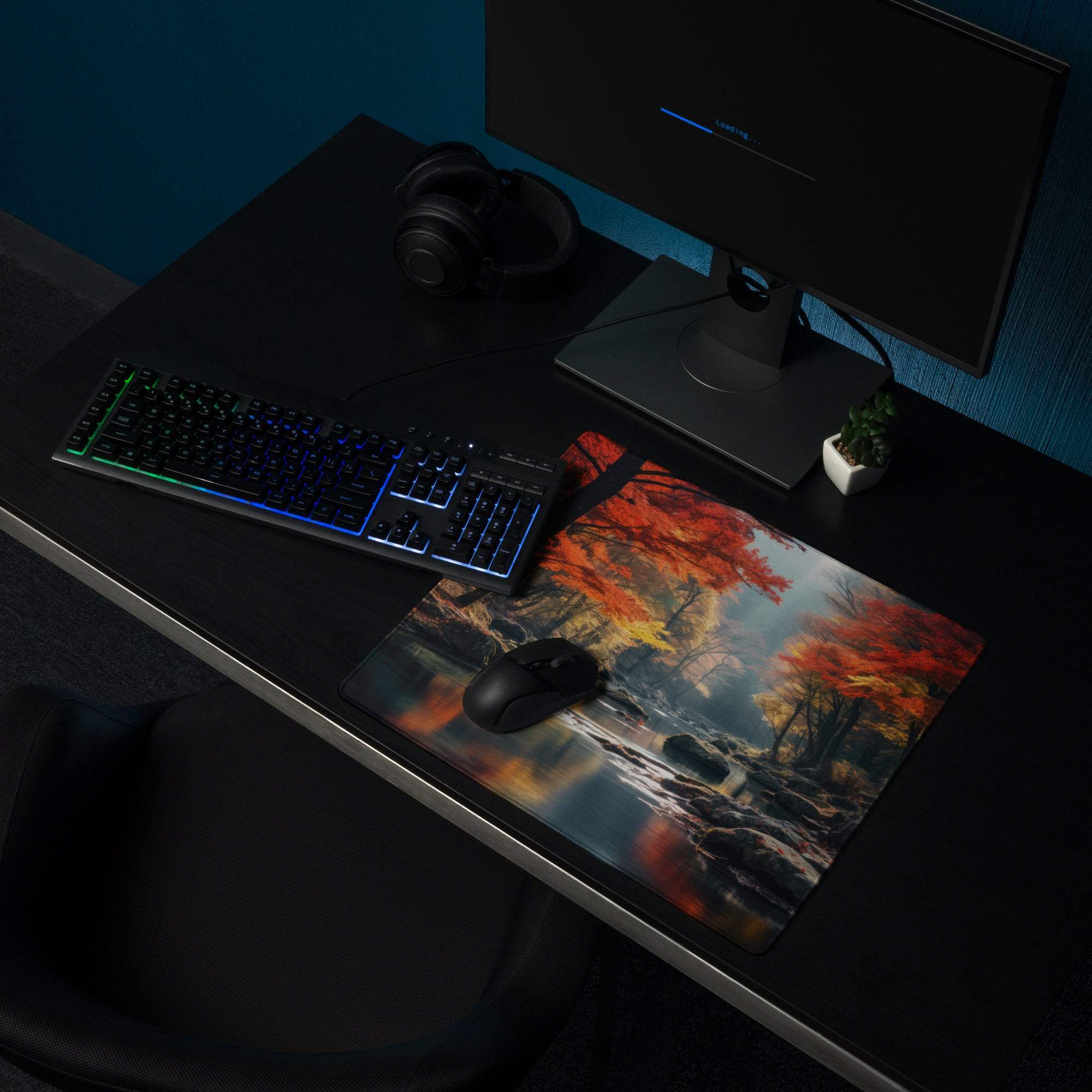 Immersive Autumn Forest gaming mouse pad with fiery red leaves and stream reflection