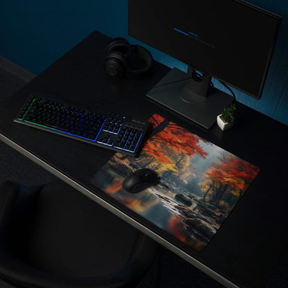 Immersive Autumn Forest gaming mouse pad with fiery red leaves and stream reflection