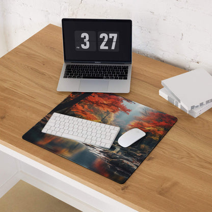 Immersive autumn forest gaming mouse pad with fiery red orange leaves on desk