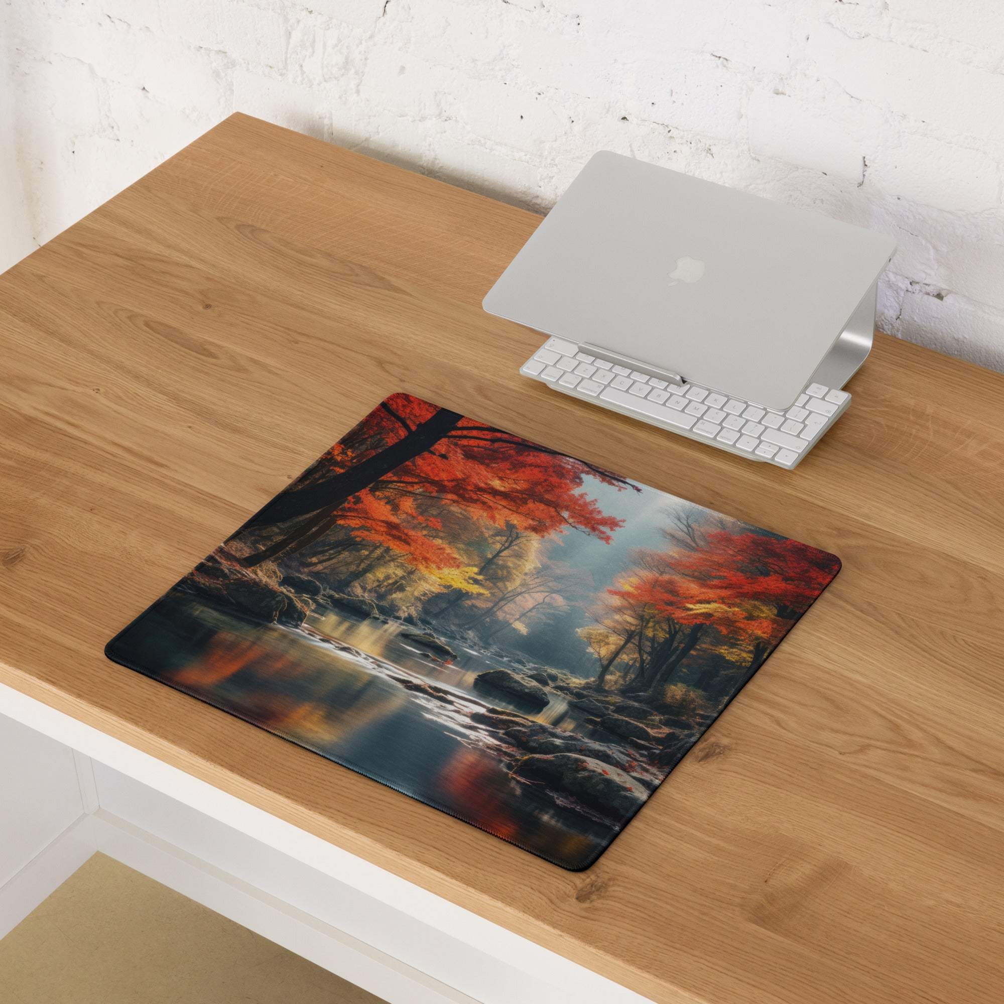 Immersive autumn forest gaming mouse pad with red maple trees in calm water