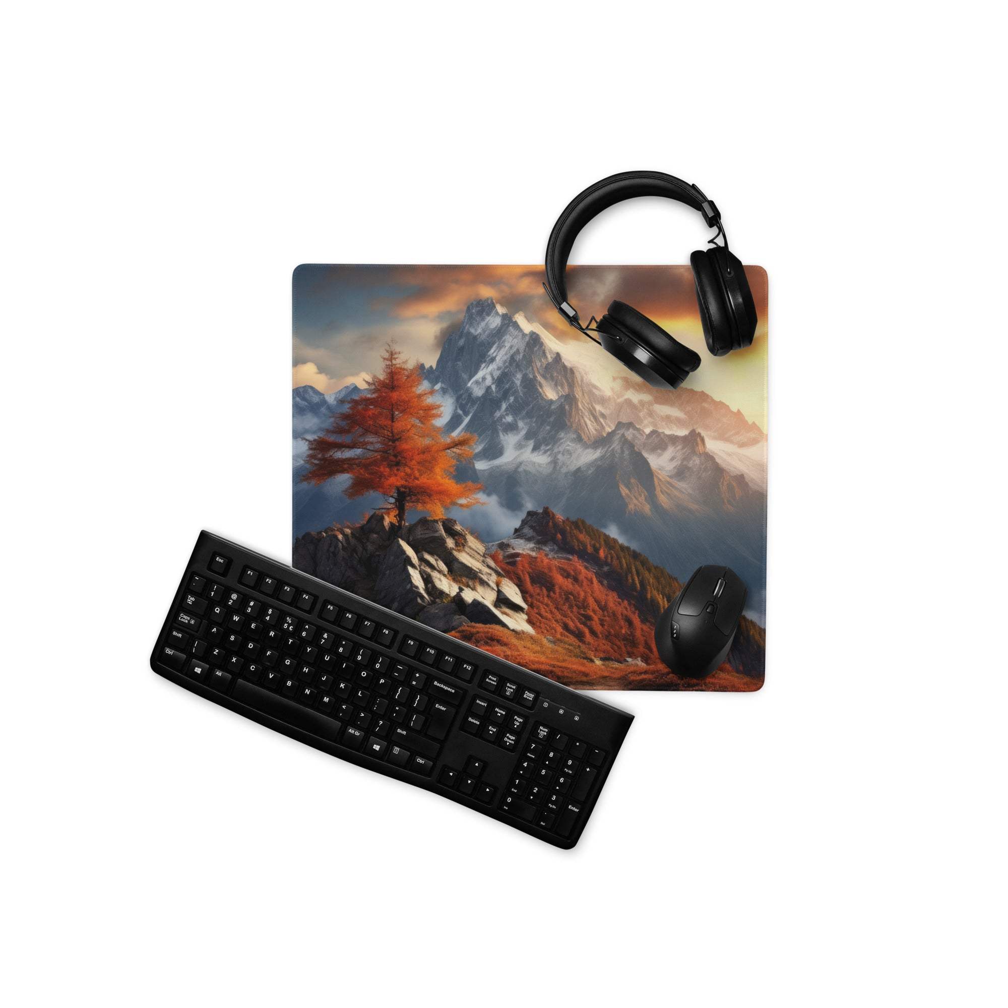 Black matte keyboard on Epic Mountain Landscape gaming mouse pad