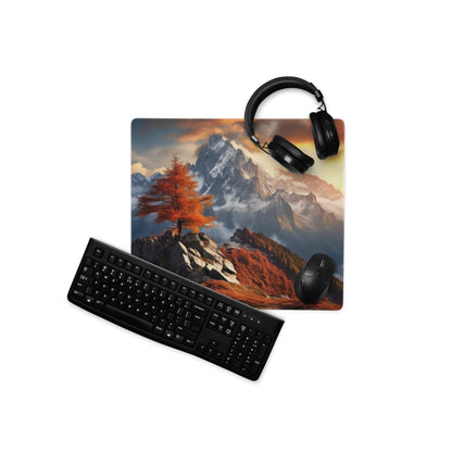 Black matte keyboard on Epic Mountain Landscape gaming mouse pad