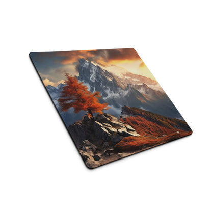 Epic Mountain Landscape large gaming mouse pad with orange tree and snowy peaks