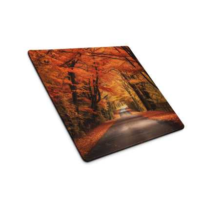 Large autumn forest mouse pad with orange leaves, non-slip base, edge stitching