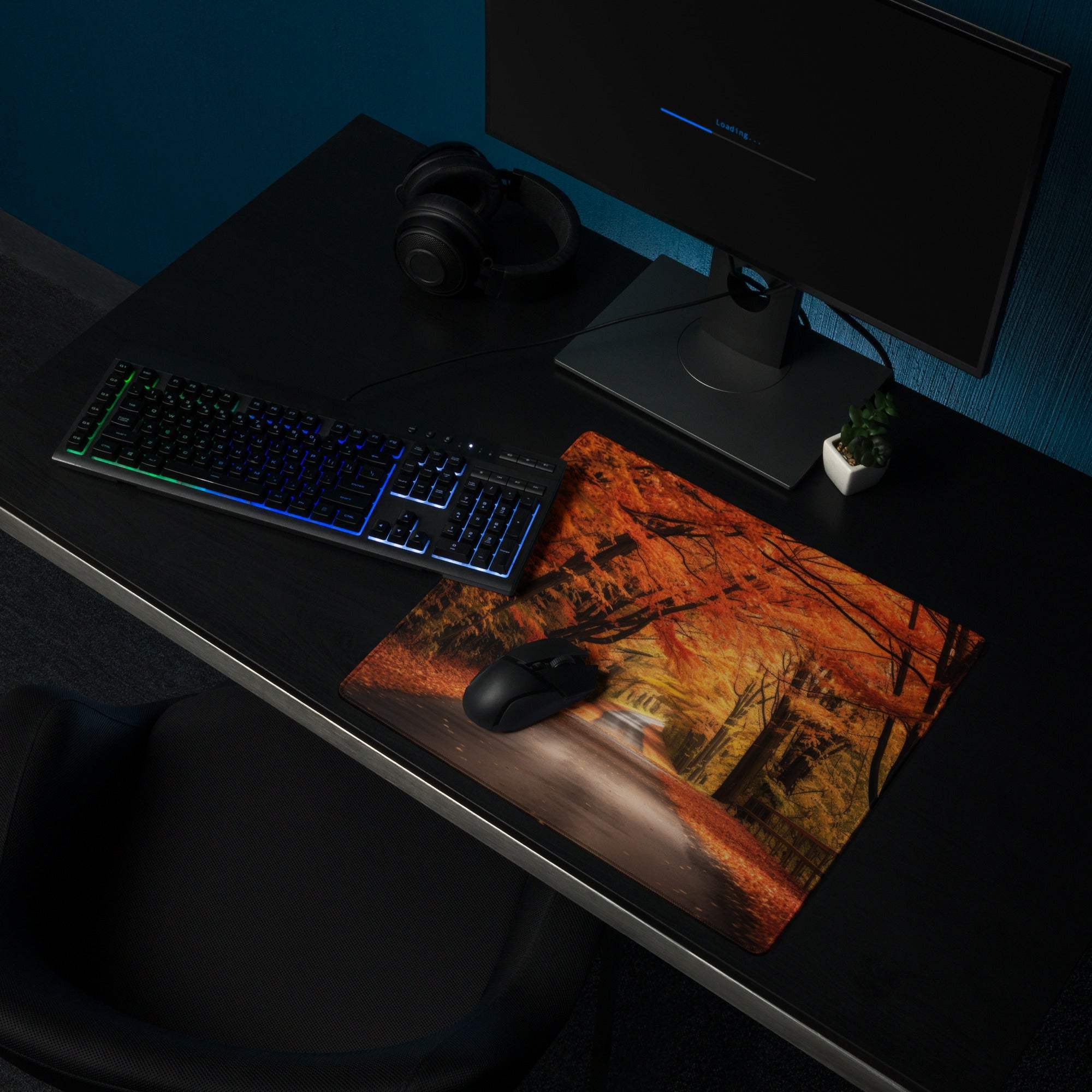 Large autumn forest mouse pad with road, orange tones, non-slip base, stitching