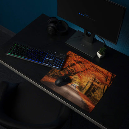 Large autumn forest mouse pad with road, orange tones, non-slip base, stitching