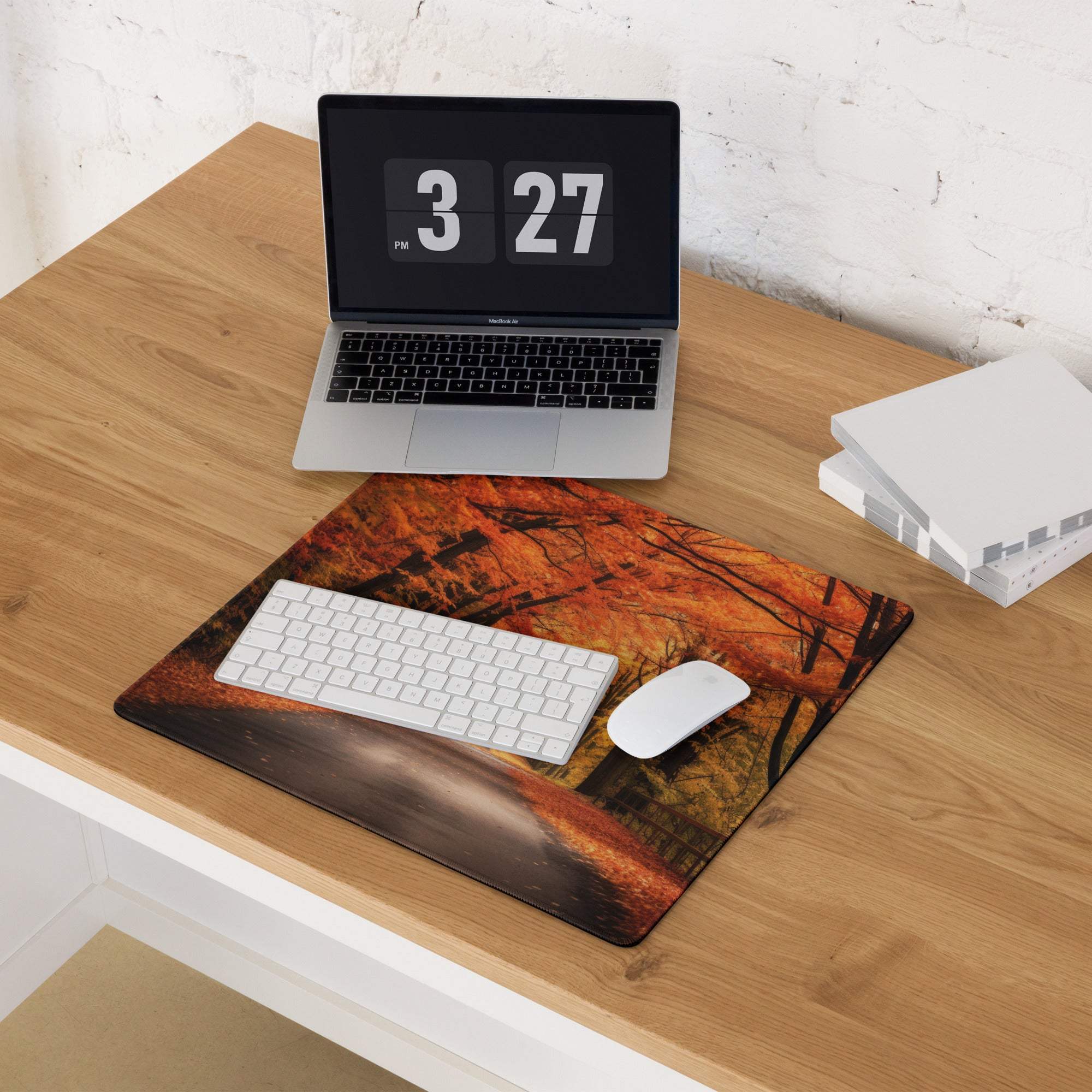 Large autumn forest mouse pad with non-slip base and edge stitching