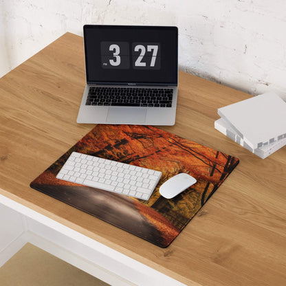 Large autumn forest mouse pad with non-slip base and edge stitching