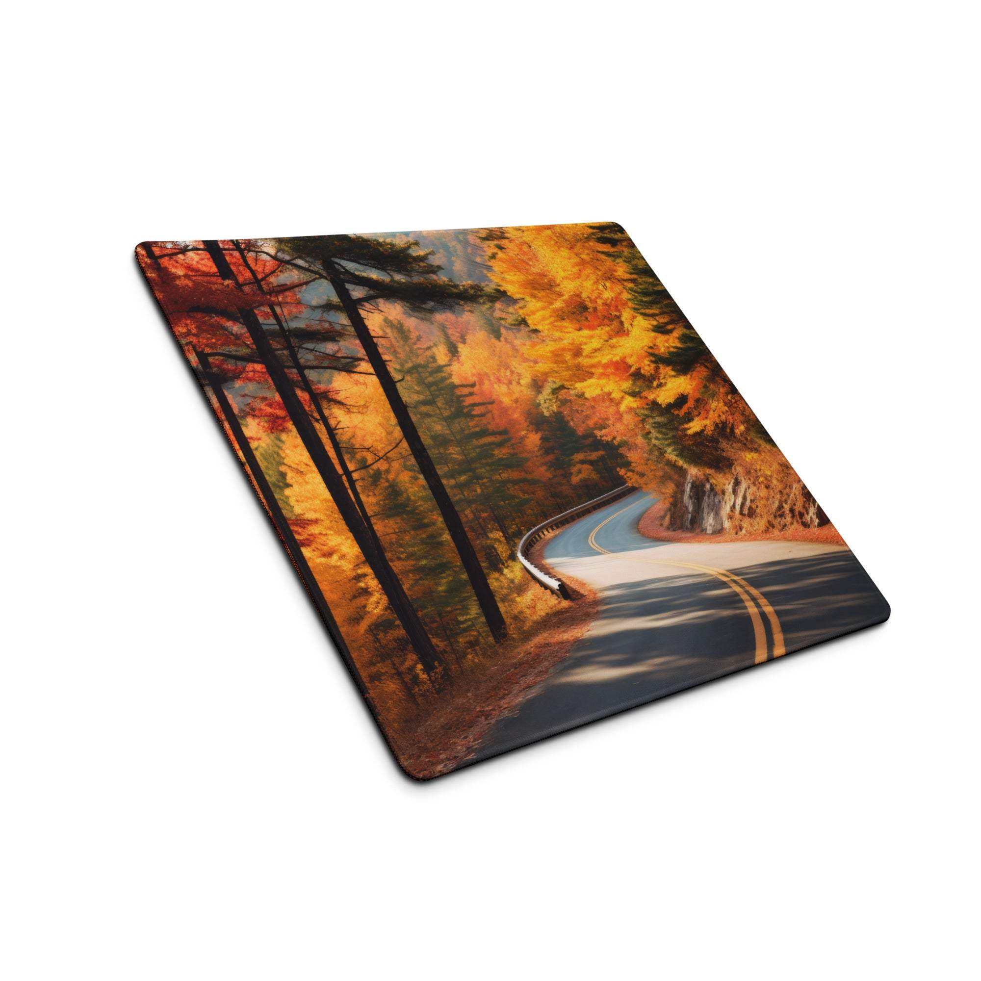 Vibrant autumn forest road gaming mouse pad with orange foliage path