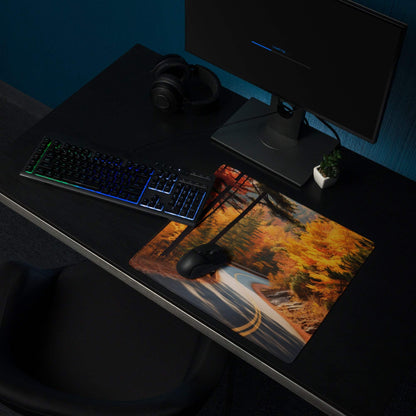 Vibrant autumn forest road gaming mouse pad with orange foliage and trees