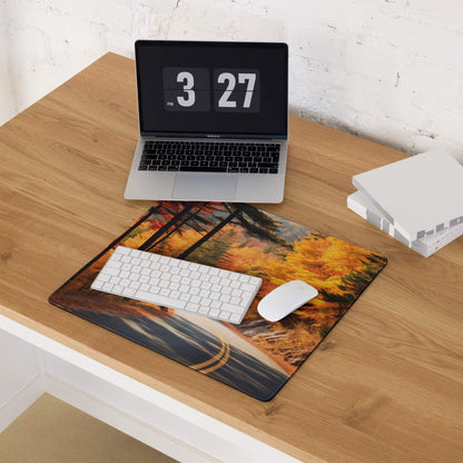 Vibrant autumn forest road gaming mouse pad in warm orange tones