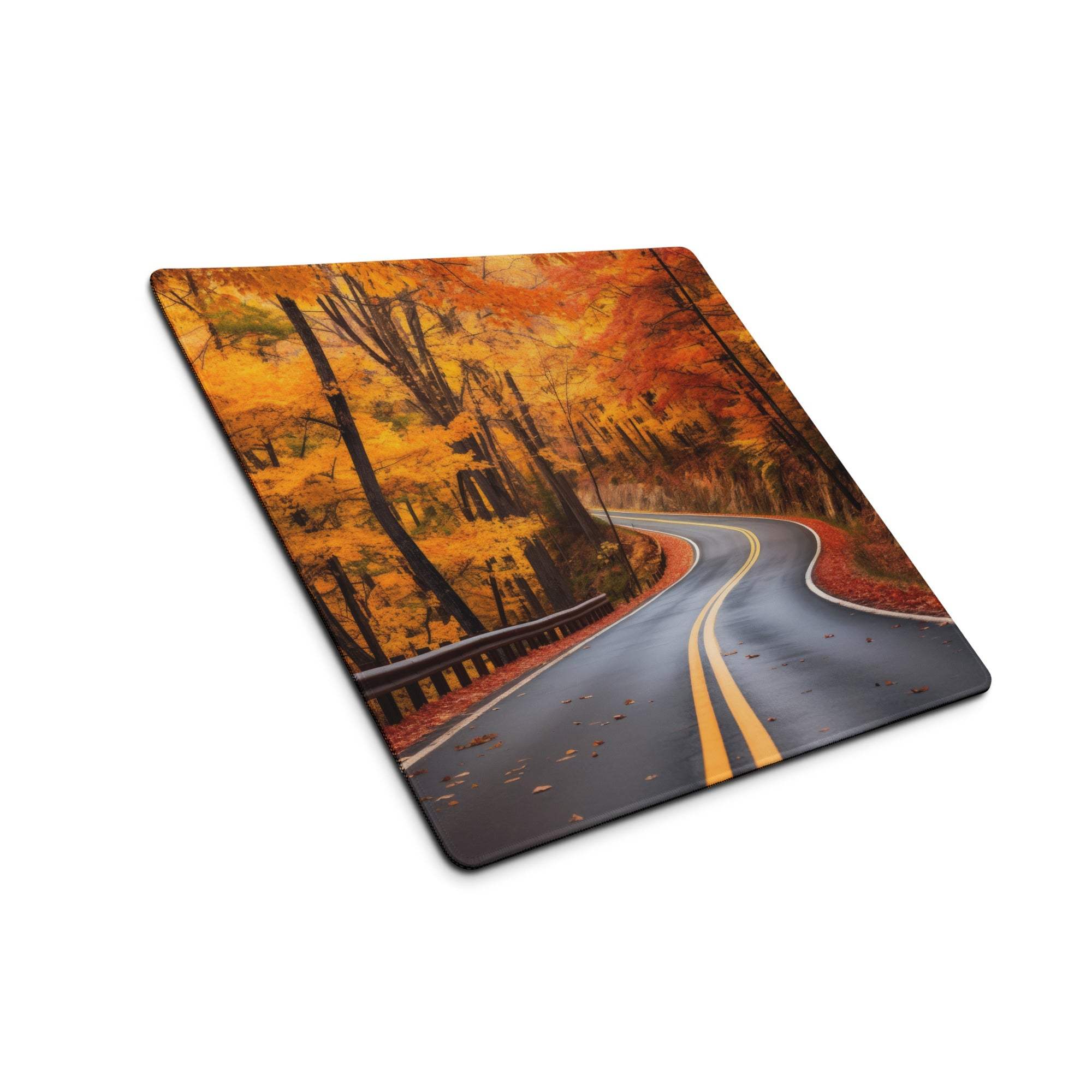 Vivid autumn forest road gaming mouse pad with orange gold foliage path