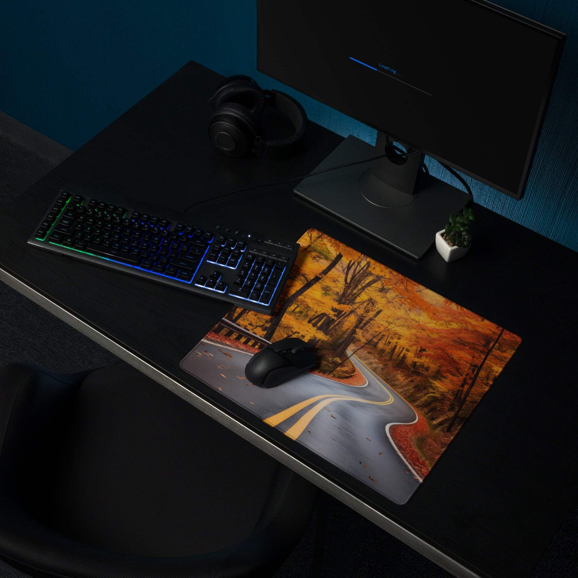 Vivid Autumn Forest Road gaming mouse pad with orange trees and fiery sky