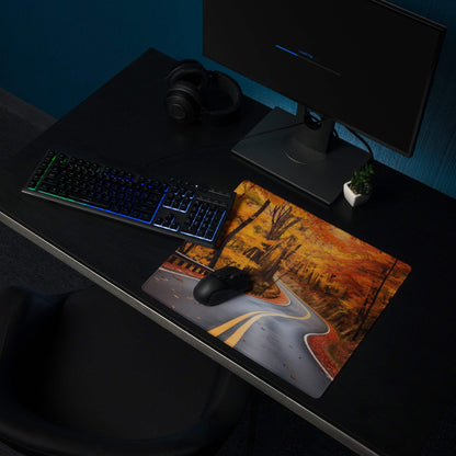 Vivid Autumn Forest Road gaming mouse pad with orange trees and fiery sky