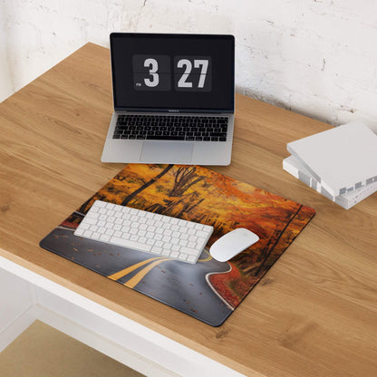 Vivid autumn forest road gaming mouse pad with orange gold foliage