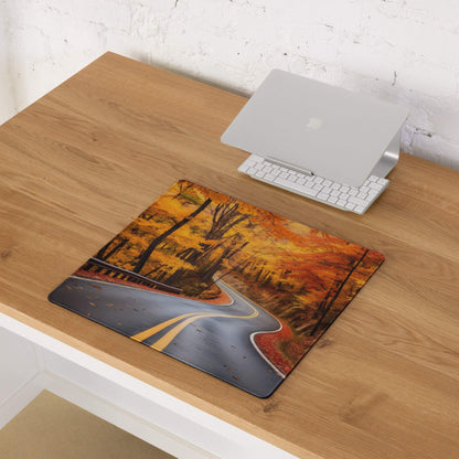 Vivid autumn forest road gaming mouse pad with orange gold foliage path