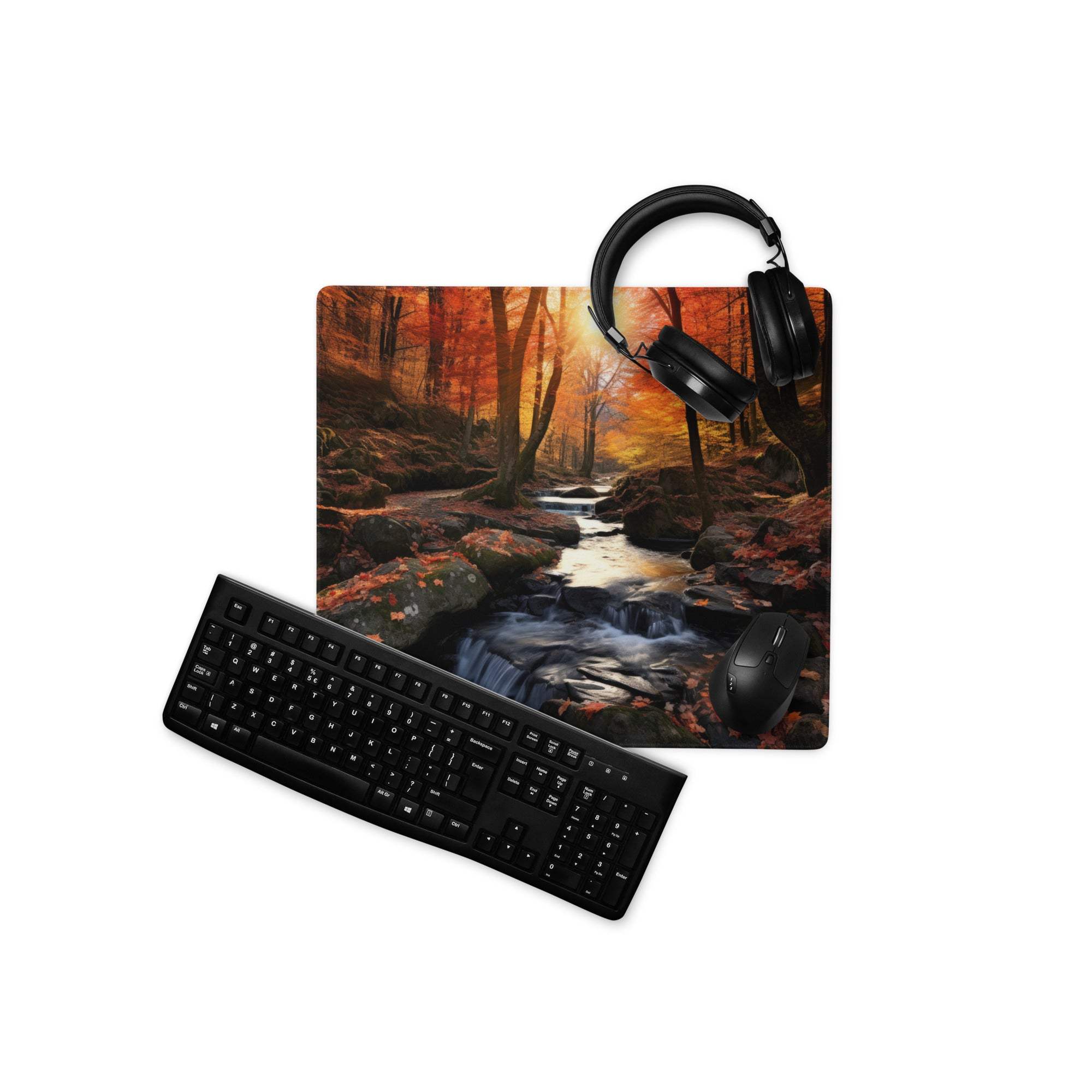 Black qwerty keyboard on autumn forest gaming mouse pad