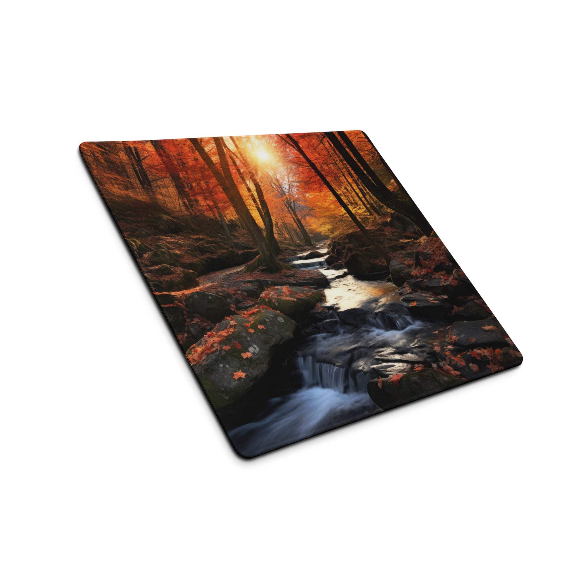 Autumn Forest Landscape large gaming mouse pad with vivid orange leaves and stream