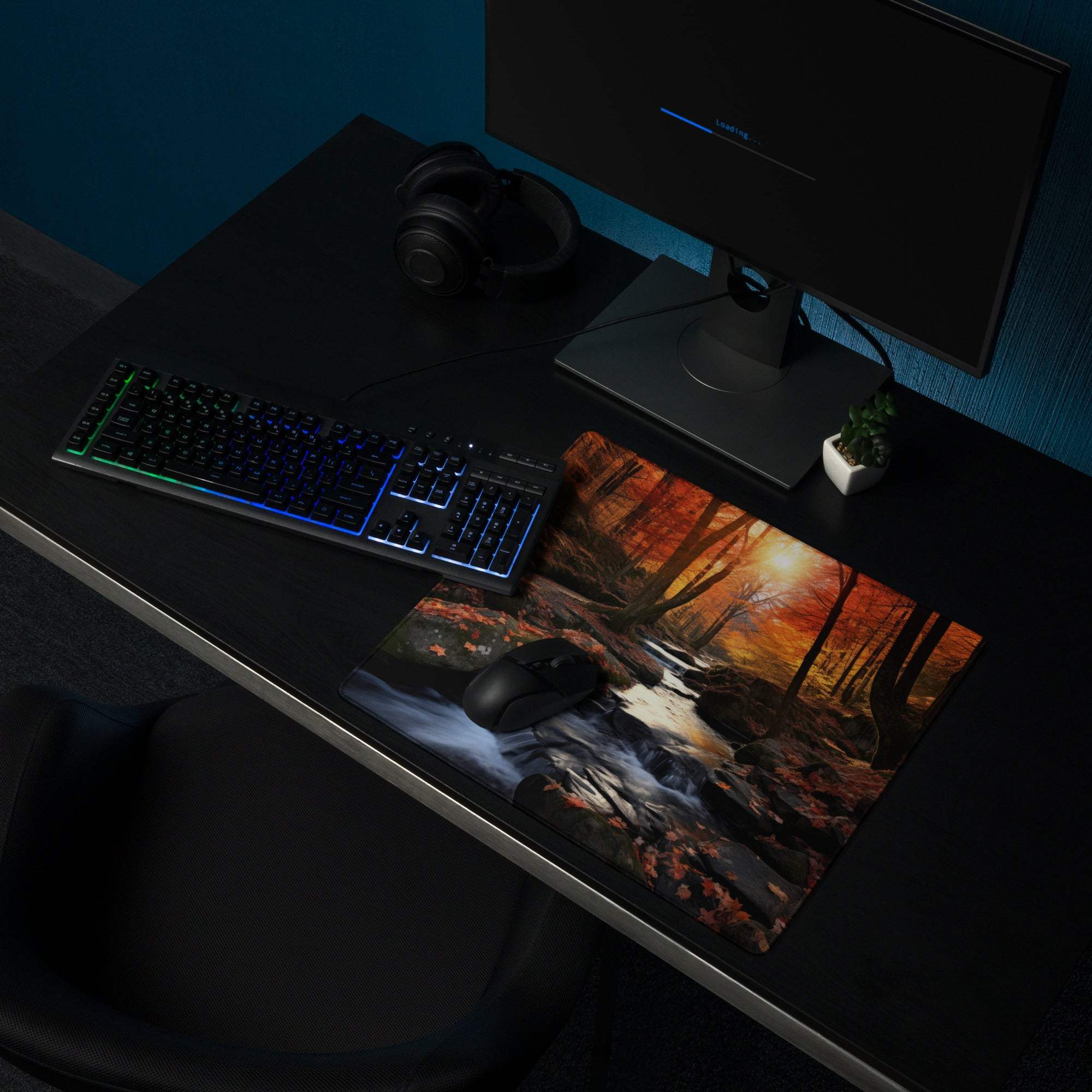 Autumn Forest Landscape large gaming mouse pad with vivid orange leaves, stream, sunlight, non-slip base, edge stitching