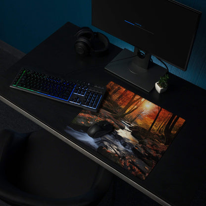 Autumn Forest Landscape large gaming mouse pad with vivid orange leaves, stream, sunlight, non-slip base, edge stitching
