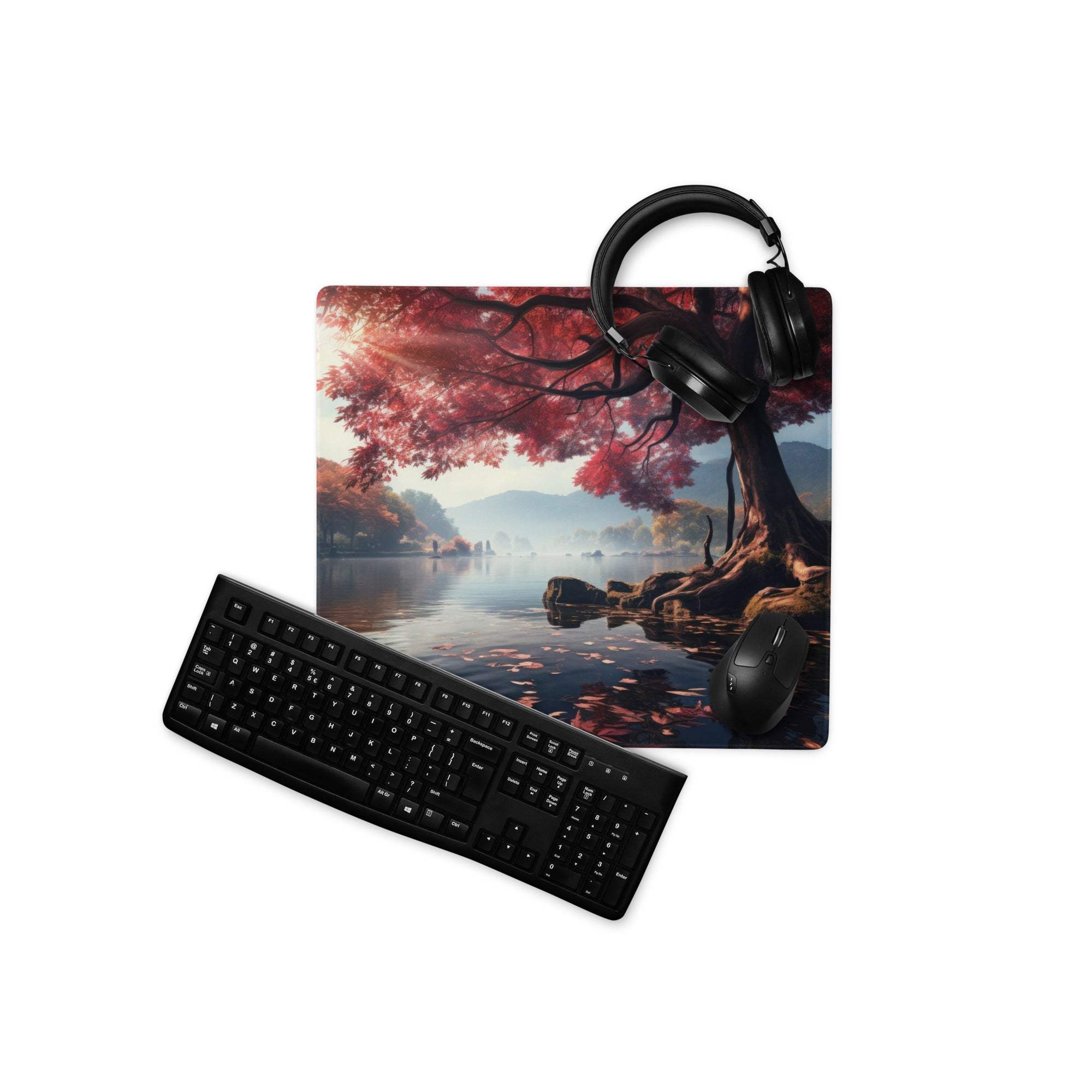 Black matte QWERTY keyboard on Autumn Forest gaming mouse pad