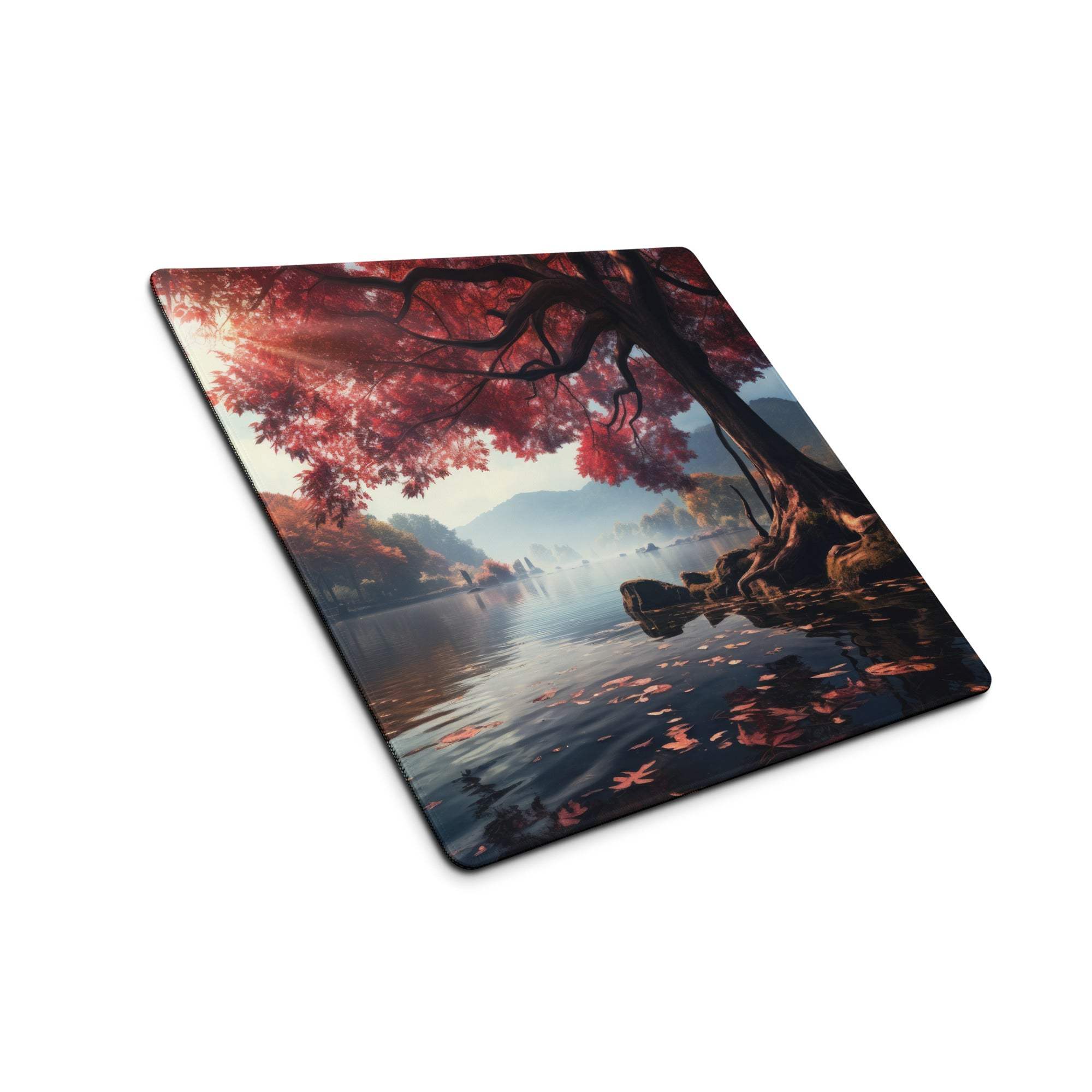 Autumn Forest large gaming mouse pad with red tree over calm water reflection