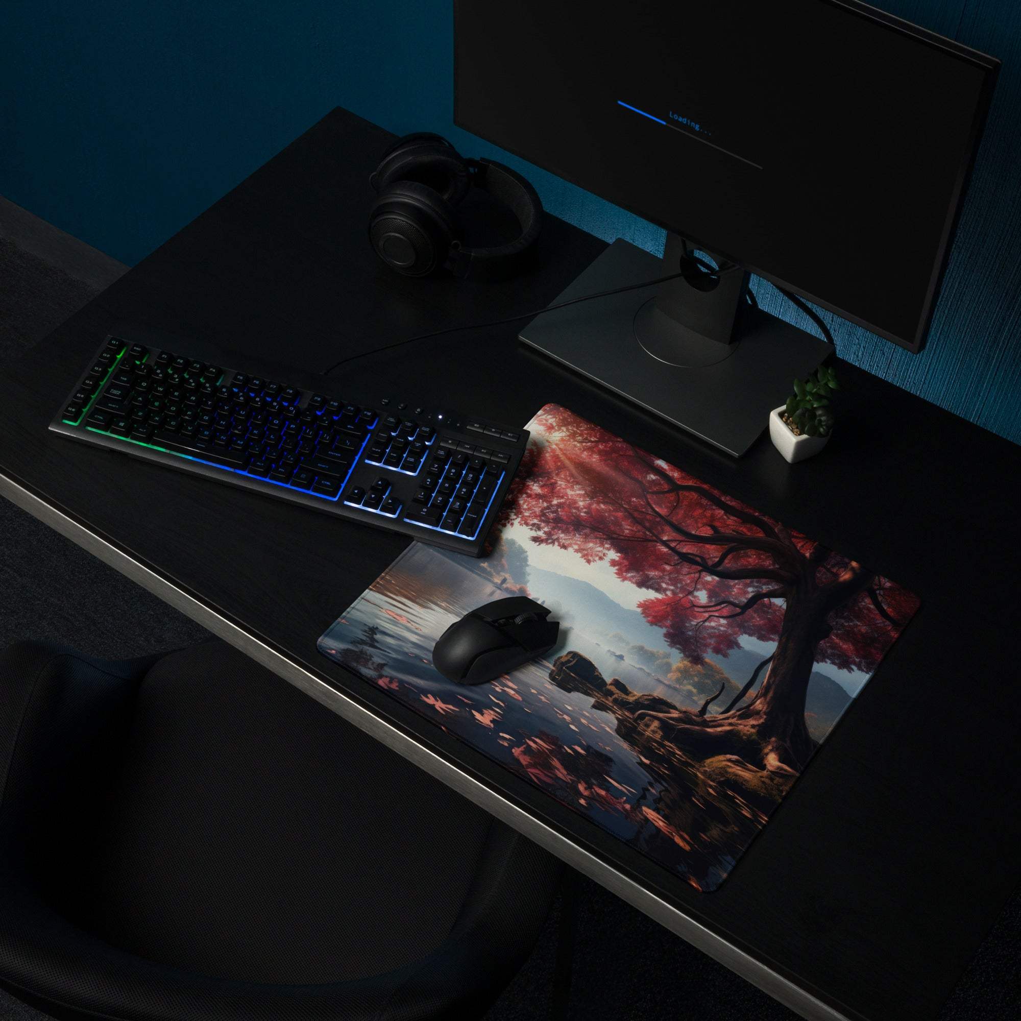 Autumn Forest large gaming mouse pad with red leaf tree reflection