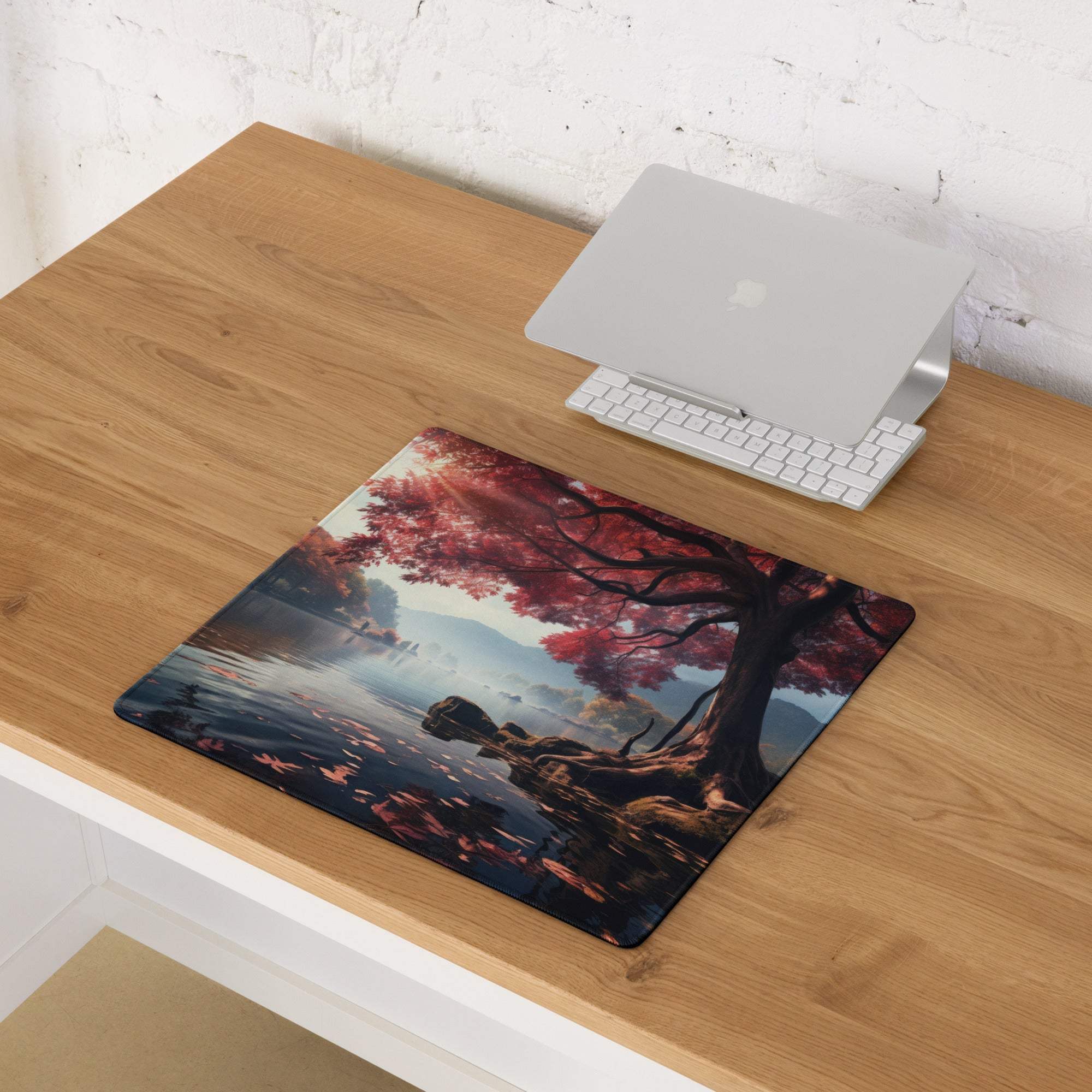 Autumn forest large gaming mouse pad with red pink blossom tree reflection