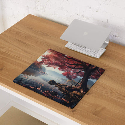Autumn forest large gaming mouse pad with red pink blossom tree reflection