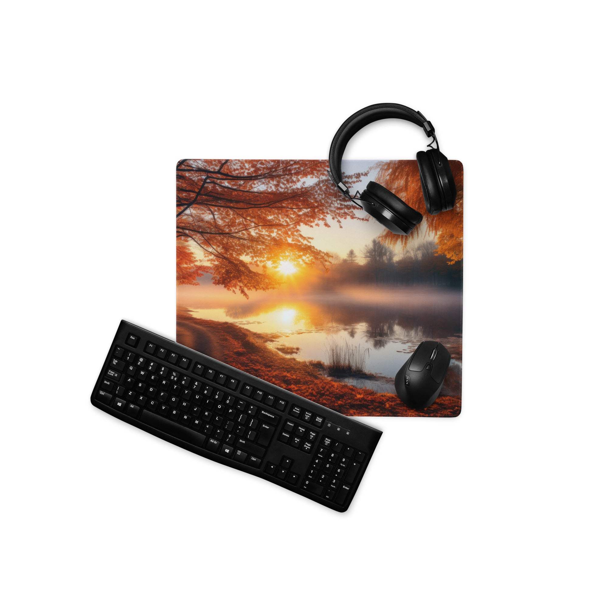 Large nature-inspired autumn sunset gaming mouse pad with black keyboard and mouse