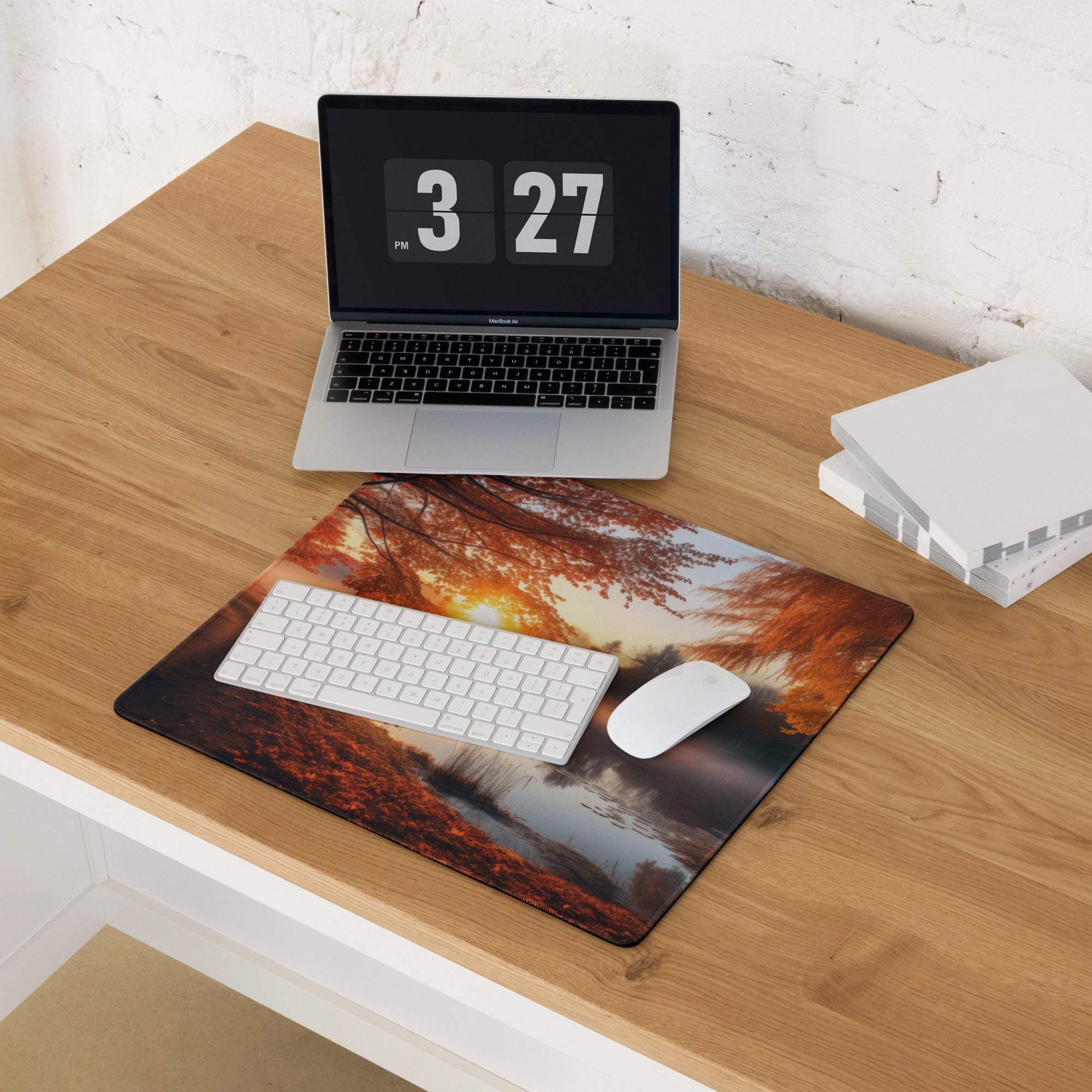Large nature-inspired autumn sunset forest gaming mouse pad with non-slip base