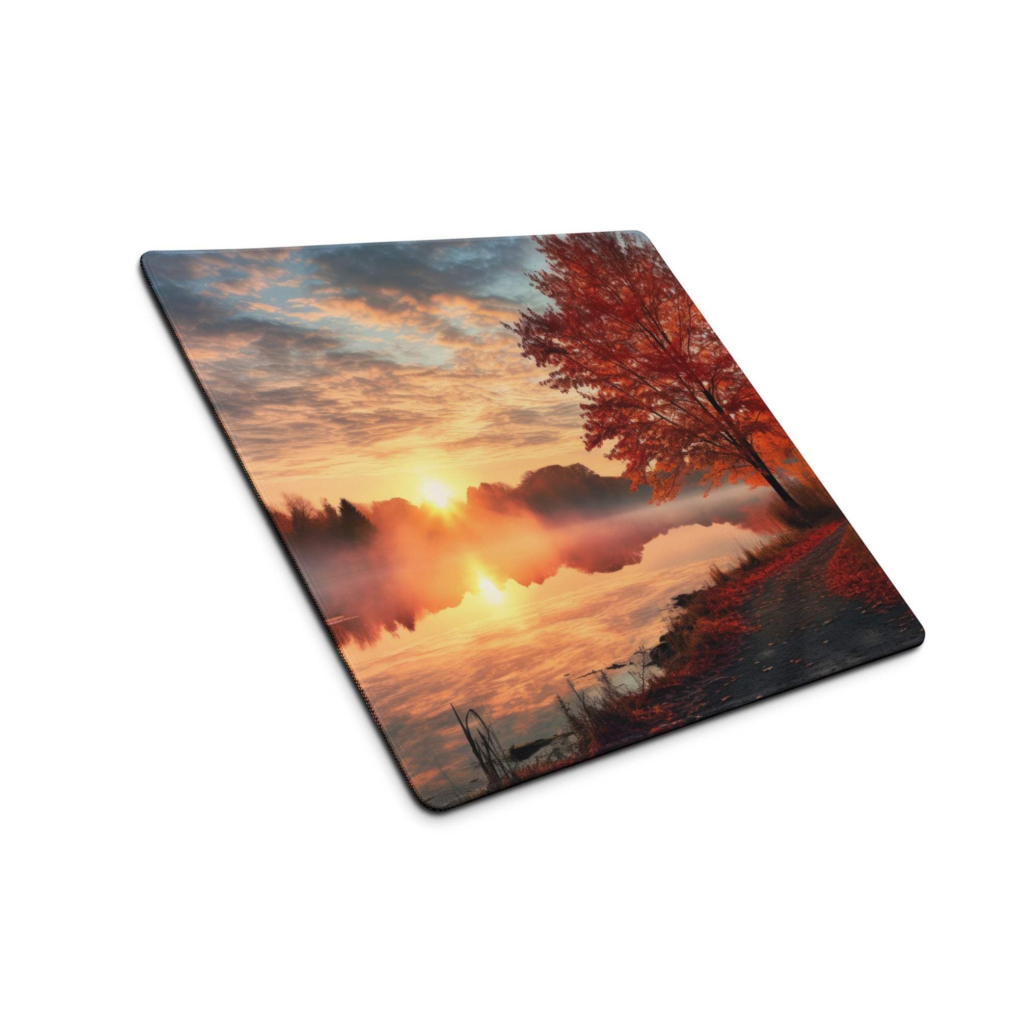 Premium large gaming mouse pad with autumn sunset on water, non-slip base