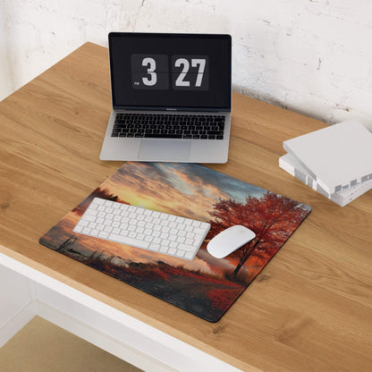 Premium large gaming mouse pad with autumn sunset scene and non-slip base