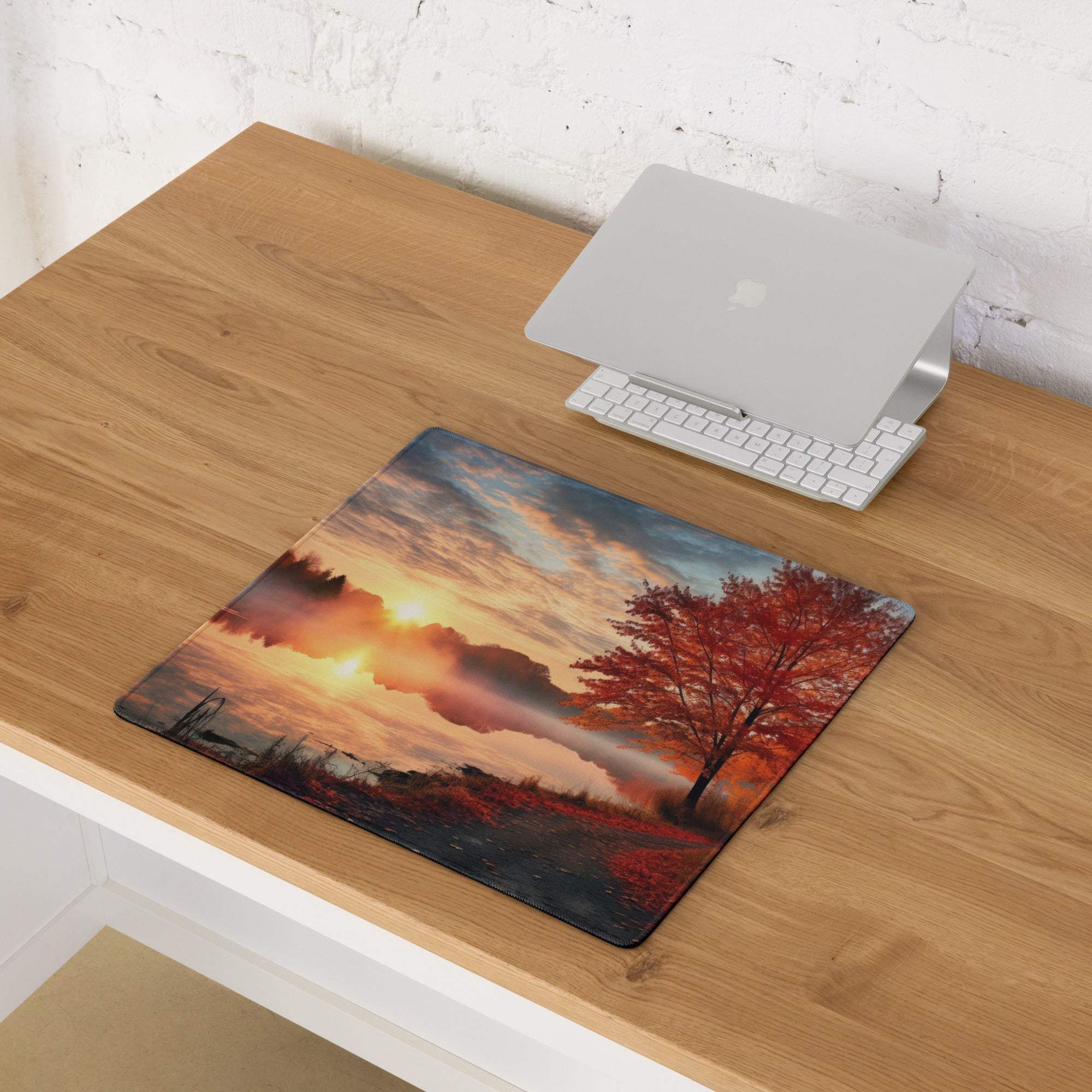 Premium large gaming mouse pad with autumn sunset landscape, non-slip base