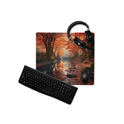 Black matte finish keyboard with standard keys on Vibrant Autumn Forest mouse pad