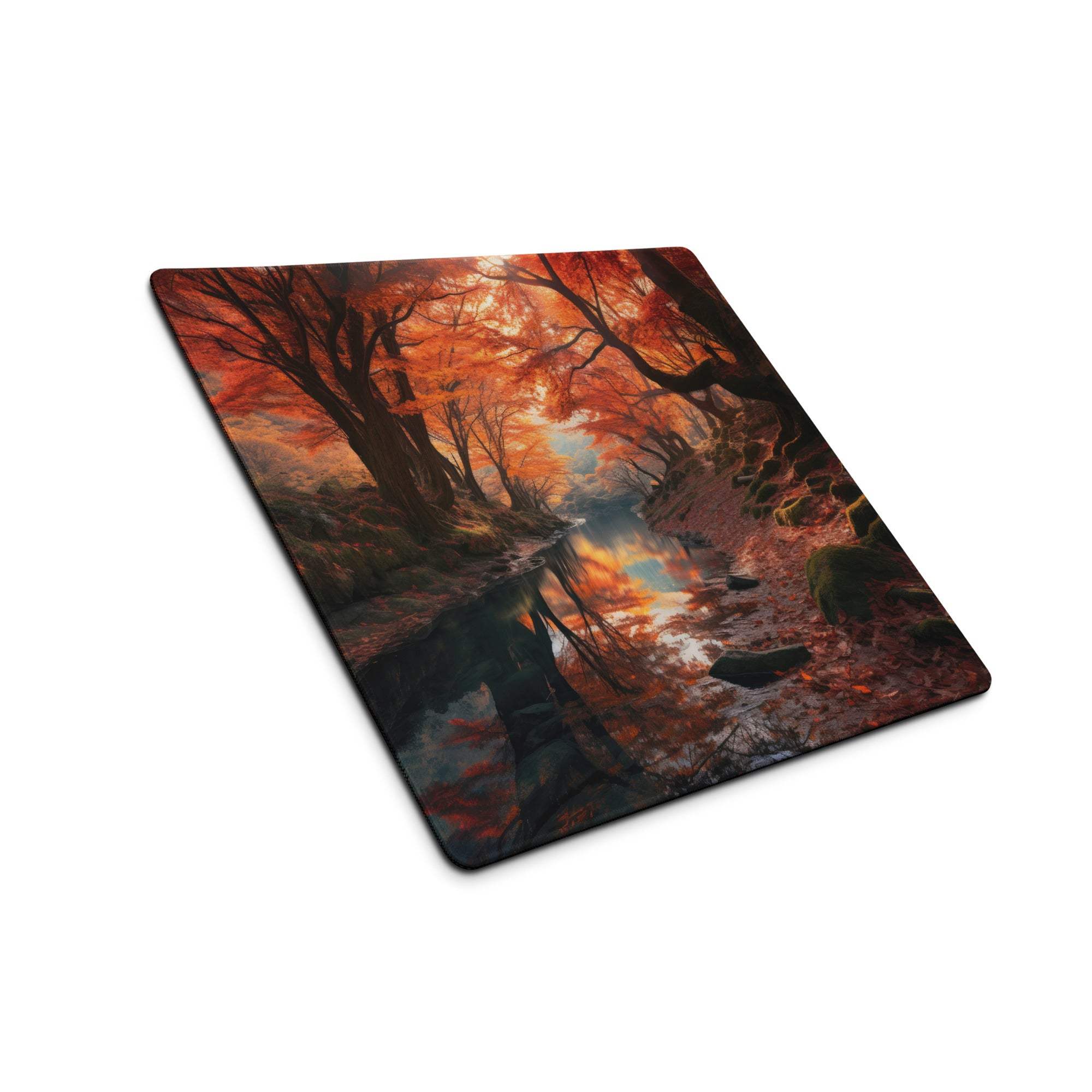 Vibrant autumn forest river gaming mouse pad with non-slip base