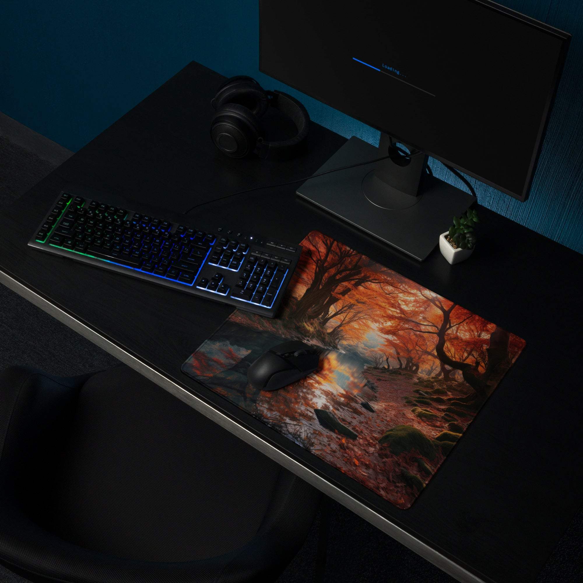 Vibrant autumn forest river gaming mouse pad with non-slip base