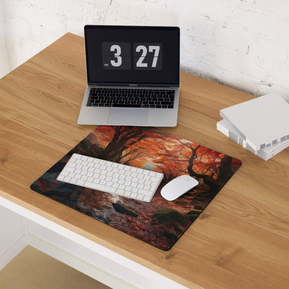 Vibrant autumn forest river gaming mouse pad with non-slip base