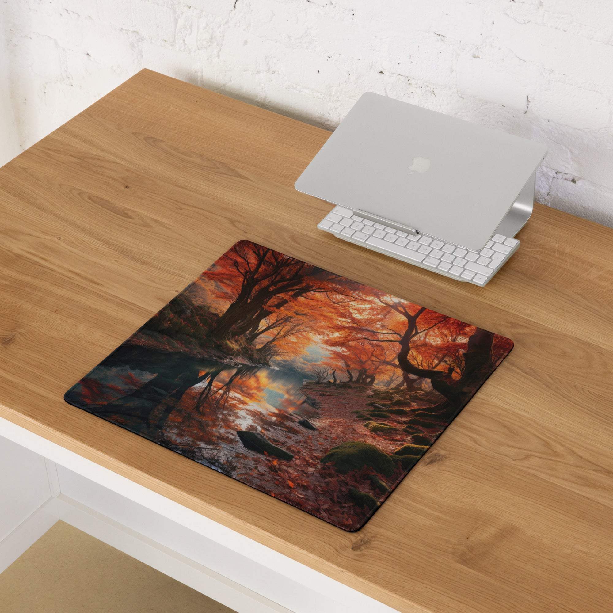 Vibrant autumn forest river gaming mouse pad with non-slip base