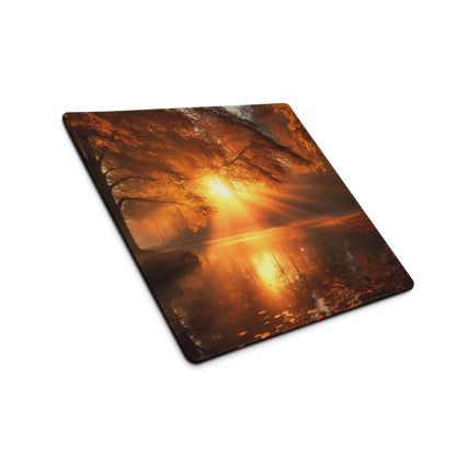 Premium warm autumn sunrise square gaming mouse pad forest scene