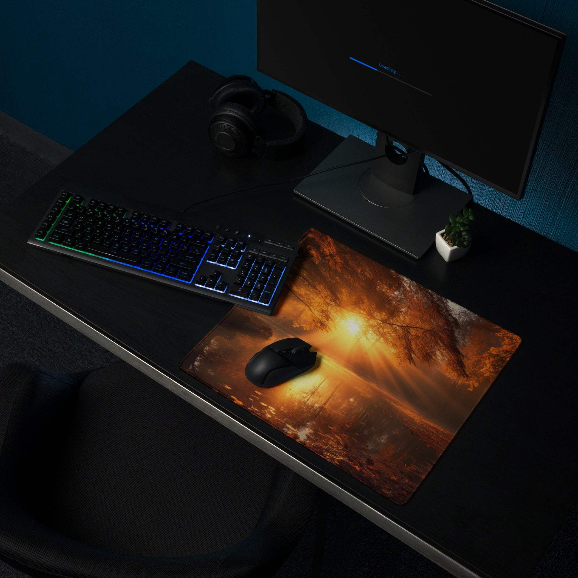 Premium warm autumn sunrise large gaming mouse pad with fiery sunset scene