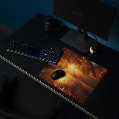 Premium warm autumn sunrise large gaming mouse pad with fiery sunset scene