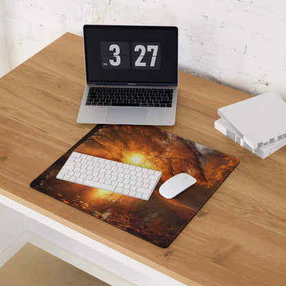 Premium warm autumn sunrise large gaming mouse pad with fiery forest sunset design